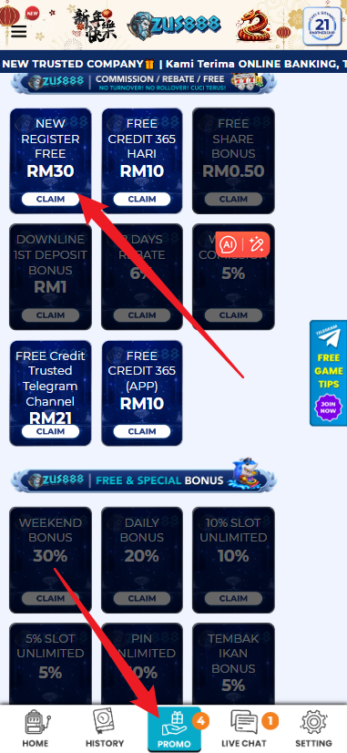 Step 3 - Register at ZUS888 - Free Credit Slot - Part 1