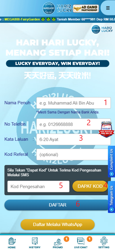 Step 1 - Register at Hari2Lucky Casino - Free Credit Slot - Part 2