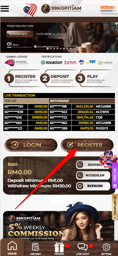 Step 1 - Register at 99Kopitiam Casino - Part 1