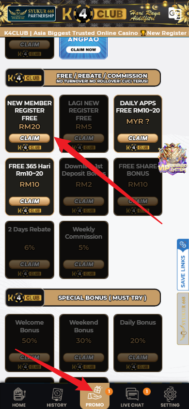 Step 3 - Register at K4CLUB Casino - Free Credit 365 - Part 1