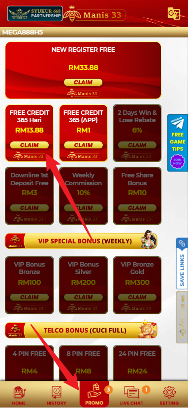 Step 3 - Register at Manis33 - Free Credit 365 - Part 1