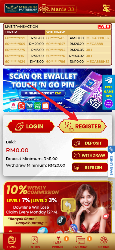 Step 1 - Register at Manis33 - Free Credit 365 - Part 1