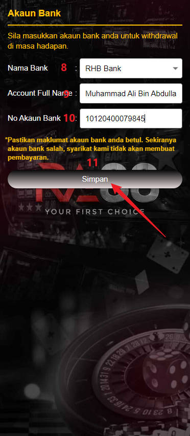 Step 2 - Add bank account on RA88 Casino (Part 1)