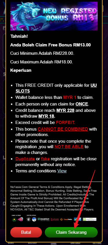 Step 3 - Claim RM10 Free Credit on No1Asia Casino (Part 2)