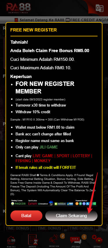 Step 3 - Claim Free Credit RM5 on RA88 Casino (part 2)