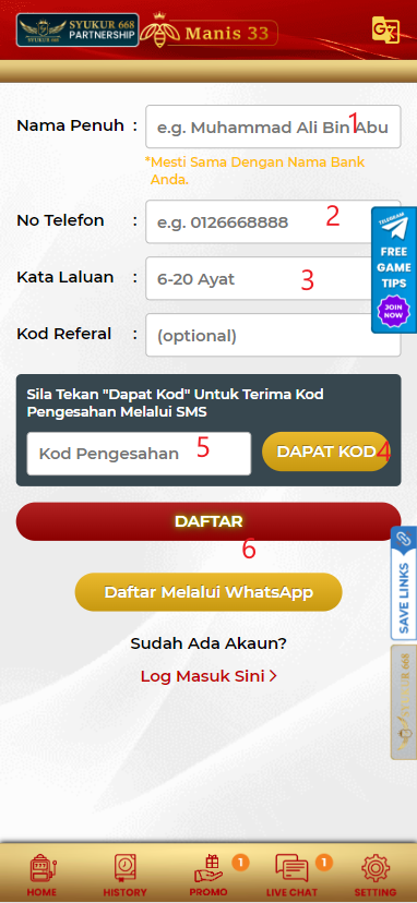 Step 1 - Register at Manis33 - Free Credit 365 - Part 2
