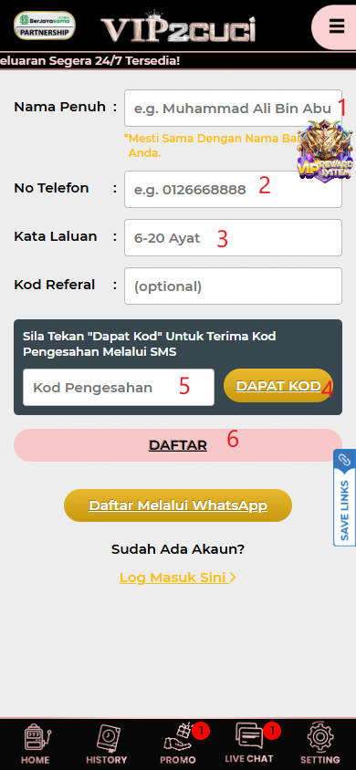 Step 1 - Register at VIP2Cuci Casino - Part 2