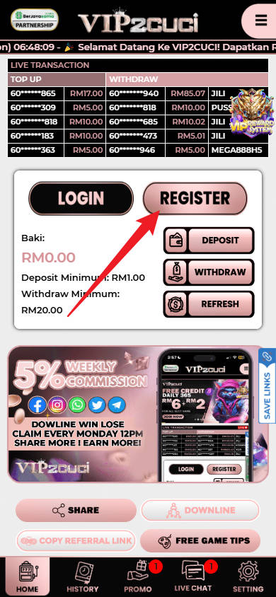 Step 1 - Register at VIP2Cuci Casino - Part 1