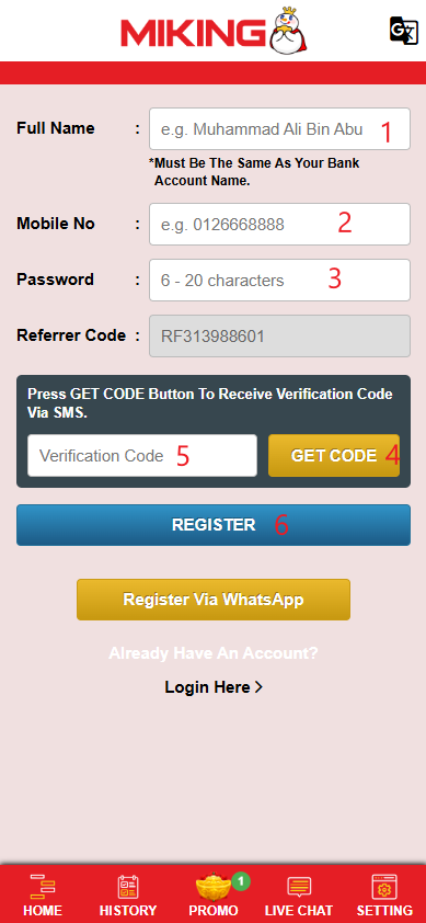 Step 1 - Register at Miking8 Casino - Part 2