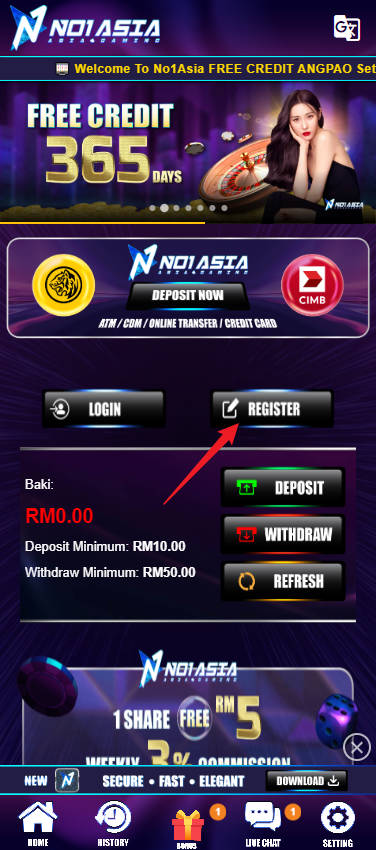 Step 1 - Register at No1Asia Casino (Part 1)