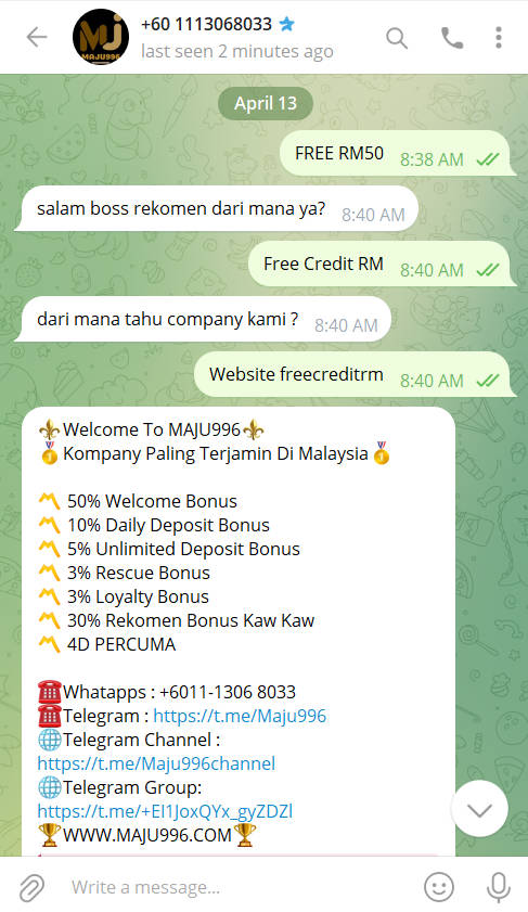 Step 3 - Claim Maju996 Free Credit No Deposit RM50 in Telegram - Part 1