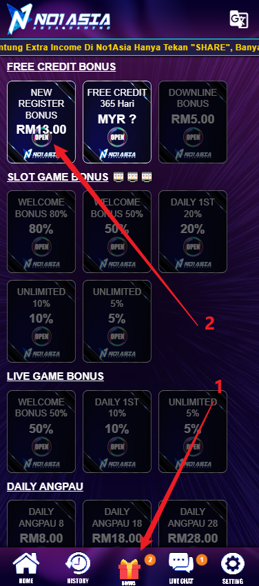 Step 3 - Claim RM10 Free Credit on No1Asia Casino (Part 1)