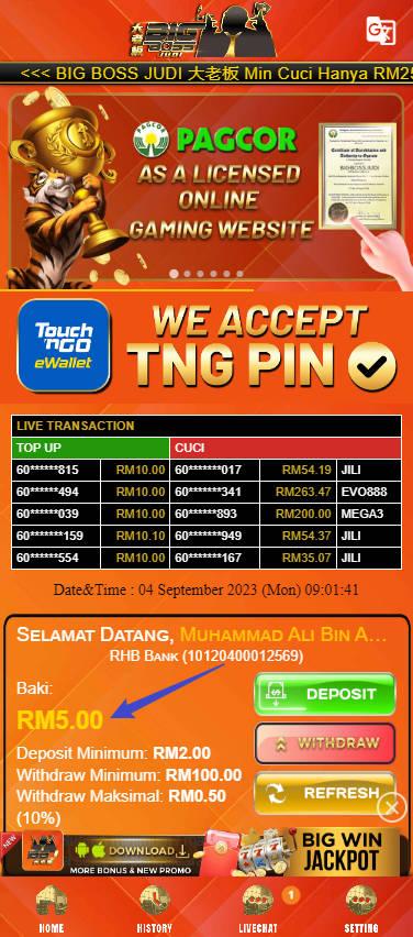 Step 5 - Check Free Credit RM5 in Big Boss Judi Casino Wallet
