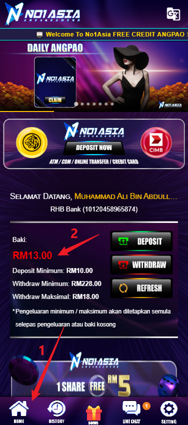 Step 4 - Check Credit in No1Asia Wallet