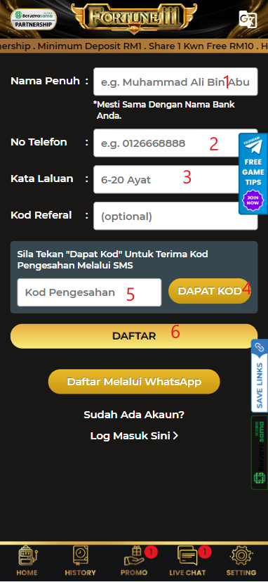 Step 1 - Register at Fortune111 - Free Credit Slot - Part 2