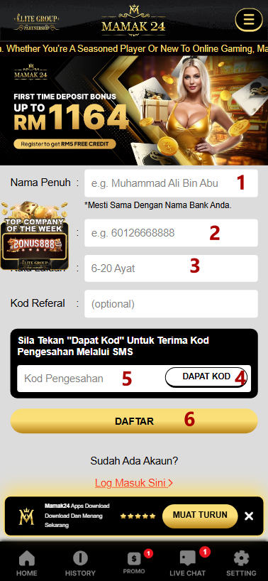 Step 1 - Register at Mamak24 Casino - Part 2