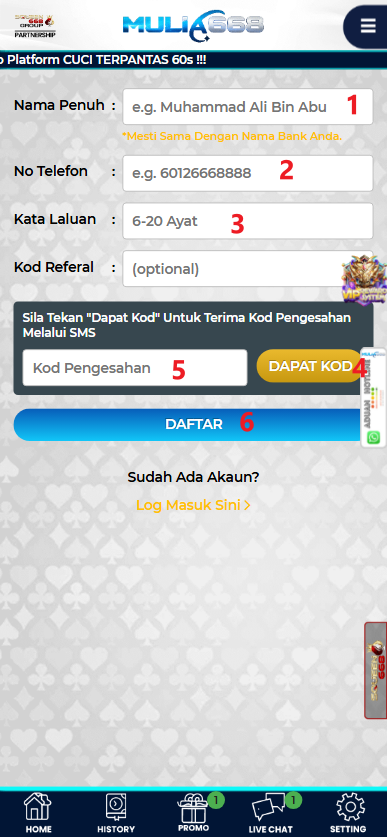 Step 1 - Register at Mulia668 Casino - Part 2