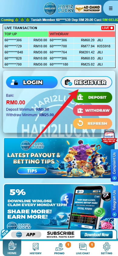 Step 1 - Register at Hari2Lucky Casino - Free Credit Slot - Part 1