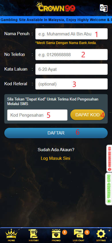 Step 1 - Register at Crown99 Casino - Part 2