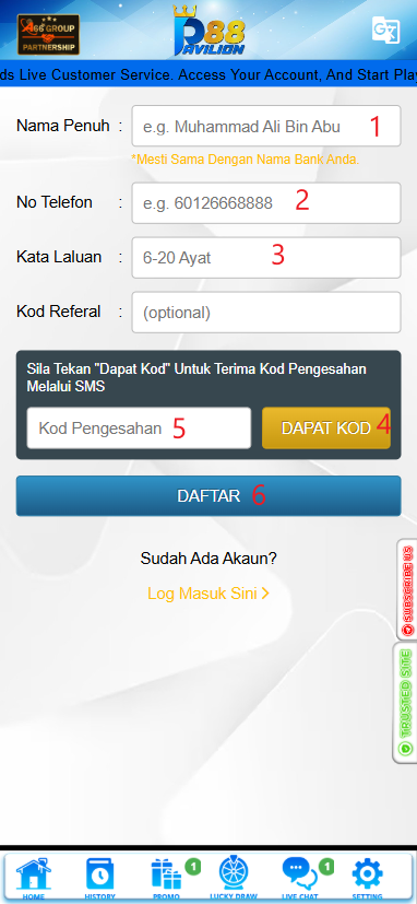 Step 1 - Register at Pavilion88 Casino - Part 2