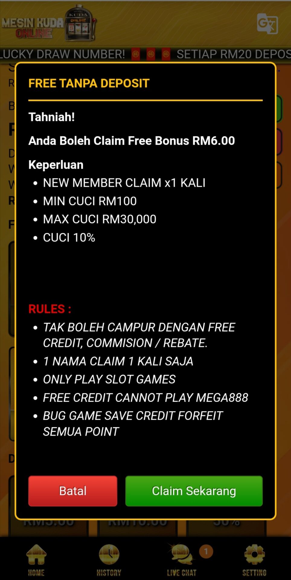 Step 4 - Claim RM6 Free Credit on Mesin Kuda Online 888 Casino