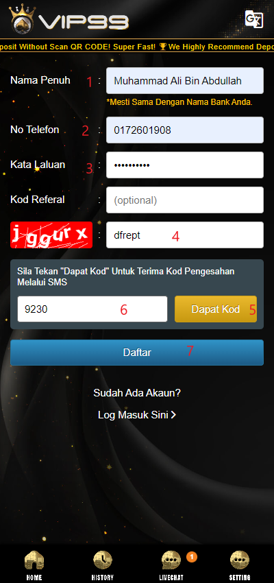 Step 1 - Register at vip99 Casino (part 2) Step 1 - Register at vip99 Casino (part 2)