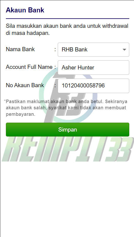 Step 2 - Add bank account in Rempit33 Casino - Part 1 Step 2 - Add bank account in Rempit33 Casino - Part 1