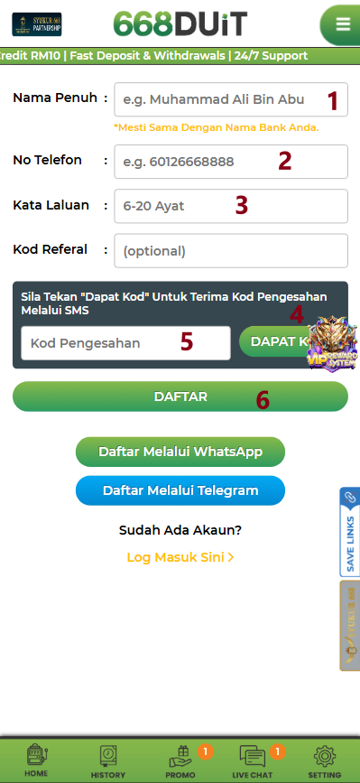 Step 1 - Register at 668Duit Casino - Part 2