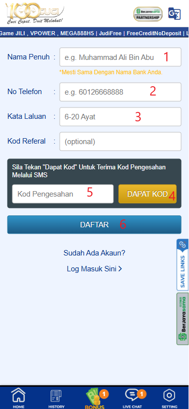 Step 1 - Register at 100Cuci Casino - Part 2